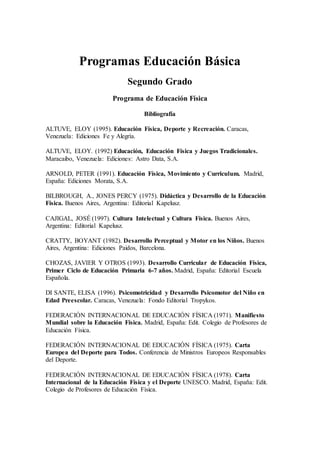 Programas Educación Básica
Segundo Grado
Programa de Educación Física
Bibliografía
ALTUVE, ELOY (1995). Educación Física, Deporte y Recreación. Caracas,
Venezuela: Ediciones Fe y Alegría.
ALTUVE, ELOY. (1992) Educación, Educación Física y Juegos Tradicionales.
Maracaibo, Venezuela: Ediciones: Astro Data, S.A.
ARNOLD, PETER (1991). Educación Física, Movimiento y Curriculum. Madrid,
España: Ediciones Morata, S.A.
BILBROUGH, A., JONES PERCY (1975). Didáctica y Desarrollo de la Educación
Física. Buenos Aires, Argentina: Editorial Kapelusz.
CAJIGAL, JOSÉ (1997). Cultura Intelectual y Cultura Física. Buenos Aires,
Argentina: Editorial Kapelusz.
CRATTY, BOYANT (1982). Desarrollo Perceptual y Motor en los Niños. Buenos
Aires, Argentina: Ediciones Paidos, Barcelona.
CHOZAS, JAVIER Y OTROS (1993). Desarrollo Curricular de Educación Física,
Primer Ciclo de Educación Primaria 6-7 años. Madrid, España: Editorial Escuela
Española.
DI SANTE, ELISA (1996). Psicomotricidad y Desarrollo Psicomotor del Niño en
Edad Preescolar. Caracas, Venezuela: Fondo Editorial Tropykos.
FEDERACIÓN INTERNACIONAL DE EDUCACIÓN FÍSICA (1971). Manifiesto
Mundial sobre la Educación Física. Madrid, España: Edit. Colegio de Profesores de
Educación Física.
FEDERACIÓN INTERNACIONAL DE EDUCACIÓN FÍSICA (1975). Carta
Europea del Deporte para Todos. Conferencia de Ministros Europeos Responsables
del Deporte.
FEDERACIÓN INTERNACIONAL DE EDUCACIÓN FÍSICA (1978). Carta
Internacional de la Educación Física y el Deporte UNESCO. Madrid, España: Edit.
Colegio de Profesores de Educación Física.
 