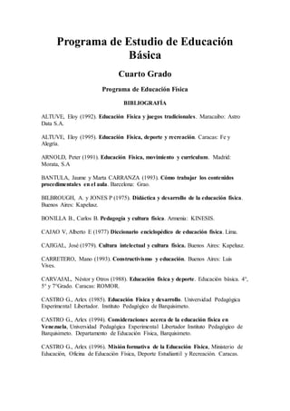 Programa de Estudio de Educación
Básica
Cuarto Grado
Programa de Educación Física
BIBLIOGRAFÍA
ALTUVE, Eloy (1992). Educación Física y juegos tradicionales. Maracaibo: Astro
Data S.A.
ALTUVE, Eloy (1995). Educación Física, deporte y recreación. Caracas: Fe y
Alegría.
ARNOLD, Peter (1991). Educación Física, movimiento y curriculum. Madrid:
Morata, S.A
BANTULA, Jaume y Marta CARRANZA (1993). Cómo trabajar los contenidos
procedimentales en el aula. Barcelona: Grao.
BILBROUGH, A. y JONES P (1975). Didáctica y desarrollo de la educación física.
Buenos Aires: Kapelusz.
BONILLA B., Carlos B. Pedagogía y cultura física. Armenia: KINESIS.
CAJAO V, Alberto E (1977) Diccionario enciclopédico de educación física. Lima.
CAJIGAL, José (1979). Cultura intelectual y cultura física. Buenos Aires: Kapelusz.
CARRETERO, Mano (1993). Constructivismo y educación. Buenos Aires: Luis
Vives.
CARVAJAL, Néstor y Otros (1988). Educación física y deporte. Educación básica. 4°,
5° y 7°Grado. Caracas: ROMOR.
CASTRO G., Arlex (1985). Educación Física y desarrollo. Universidad Pedagógica
Experimental Libertador. Instituto Pedagógico de Barquisimeto.
CASTRO G., Arlex (1994). Consideraciones acerca de la educación física en
Venezuela, Universidad Pedagógica Experimental Libertador Instituto Pedagógico de
Barquisimeto. Departamento de Educación Física, Barquisimeto.
CASTRO G., Arlex (1996). Misión formativa de la Educación Física, Ministerio de
Educación, Oficina de Educación Física, Deporte Estudiantil y Recreación. Caracas.
 
