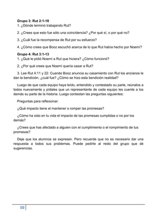 Grupo 3: Rut 2:1-18
  1. ¿Dónde terminó trabajando Rut?

  2. ¿Crees que esto fue sólo una coincidencia? ¿Por qué sí, o por qué no?

  3. ¿Cuál fue la recompensa de Rut por su esfuerzo?

  4. ¿Cómo crees que Booz escuchó acerca de lo que Rut había hecho por Noemí?

  Grupo 4: Rut 3:1-13
  1. ¿Qué le pidió Noemí a Rut que hiciera? ¿Cómo funcionó?

  2. ¿Por qué crees que Noemí quería casar a Rut?

  3. Lee Rut 4:11 y 22: Cuando Booz anuncia su casamiento con Rut los ancianos le
dan la bendición, ¿cuál fue? ¿Cómo se hizo esta bendición realidad?

  Luego de que cada equipo haya leído, entendido y contestado su parte, reúnalos a
todos nuevamente y pídales que un representante de cada equipo les cuente a los
demás su parte de la historia. Luego contestan las preguntas siguientes:

  Preguntas para reflexionar:

  ¿Qué impacto tiene el mantener o romper las promesas?

  ¿Cómo ha sido en tu vida el impacto de las promesas cumplidas o no por los
demás?

  ¿Crees que has afectado a alguien con el cumplimiento o el rompimiento de tus
promesas?

  Deje que los alumnos se expresen. Pero recuerde que no es necesario dar una
respuesta a todos sus problemas. Puede pedirle al resto del grupo que dé
sugerencias.




    50
 
