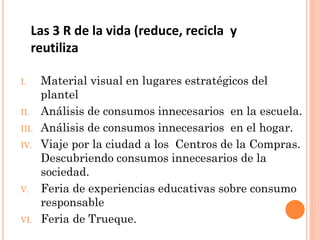 Las 3 R de la vida (reduce, recicla y
      reutiliza

I.     Material visual en lugares estratégicos del
       plantel
II.    Análisis de consumos innecesarios en la escuela.
III.   Análisis de consumos innecesarios en el hogar.
IV.    Viaje por la ciudad a los Centros de la Compras.
       Descubriendo consumos innecesarios de la
       sociedad.
V.     Feria de experiencias educativas sobre consumo
       responsable
VI.    Feria de Trueque.
 