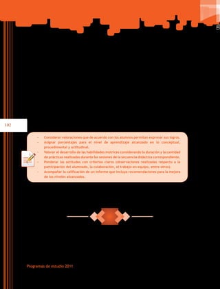 102
Programas de estudio 2011
de control (relación de conductas motrices que deben observarse), escalas de clasificación
(pueden ser numéricas, en las que se asigna un valor de acuerdo con el desempeño motriz,
para señalar el nivel de desempeño).
El docente define los criterios para valorar los desempeños del estudiante en la
secuencia didáctica, éstos pueden ser comunes a todas las secuencias que integran el bloque
o pueden variar de acuerdo con la intención pedagógica, para ello es posible recurrir al uso de
varias estrategias: observación, muestras de desempeño, tareas o proyectos, exposiciones,
portafolio, entrevistas, rúbricas, bitácoras y autoevaluación. No obstante, lo relevante es
determinar la relación entre la elección de una estrategia y el logro de los aprendizajes.
Para asentar las calificaciones en escalas numéricas, se propone:
-	 Considerar valoraciones que de acuerdo con los alumnos permitan expresar sus logros.
-	 Asignar porcentajes para el nivel de aprendizaje alcanzado en lo conceptual,
procedimental y actitudinal.
-	 Valorar el desarrollo de las habilidades motrices considerando la duración y la cantidad
de prácticas realizadas durante las sesiones de la secuencia didáctica correspondiente.
-	 Ponderar las actitudes con criterios claros (observaciones realizadas respecto a la
participación del alumnado, la colaboración, el trabajo en equipo, entre otros).
-	 Acompañar la calificación de un informe que incluya recomendaciones para la mejora
de los niveles alcanzados.
 