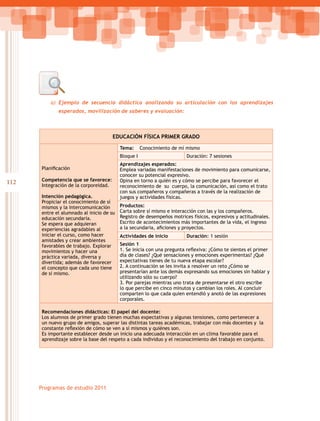 112
Programas de estudio 2011
Educación Física Primer Grado
Planificación
Competencia que se favorece:
Integración de la corporeidad.
Intención pedagógica.
Propiciar el conocimiento de sí
mismos y la intercomunicación
entre el alumnado al inicio de su
educación secundaria.
Se espera que adquieran
experiencias agradables al
iniciar el curso, como hacer
amistades y crear ambientes
favorables de trabajo. Explorar
movimientos y hacer una
práctica variada, diversa y
divertida; además de favorecer
el concepto que cada uno tiene
de sí mismo.
Tema:	 Conocimiento de mí mismo
Bloque I	 Duración: 7 sesiones
Aprendizajes esperados:
Emplea variadas manifestaciones de movimiento para comunicarse,
conocer su potencial expresivo.
Opina en torno a quién es y cómo se percibe para favorecer el
reconocimiento de su cuerpo, la comunicación, así como el trato
con sus compañeros y compañeras a través de la realización de
juegos y actividades físicas.
Productos:
Carta sobre sí mismo e interacción con las y los compañeros.
Registro de desempeños motrices físicos, expresivos y actitudinales.
Escrito de acontecimientos más importantes de la vida, el ingreso
a la secundaria, aficiones y proyectos.
Actividades de inicio	 Duración: 1 sesión
Sesión 1
1. Se inicia con una pregunta reflexiva: ¿Cómo te sientes el primer
día de clases? ¿Qué sensaciones y emociones experimentas? ¿Qué
expectativas tienes de tu nueva etapa escolar?
2. A continuación se les invita a resolver un reto ¿Cómo se
presentarían ante los demás expresando sus emociones sin hablar y
utilizando sólo su cuerpo?
3. Por parejas mientras uno trata de presentarse el otro escribe
lo que percibe en cinco minutos y cambian los roles. Al concluir
comparten lo que cada quien entendió y anotó de las expresiones
corporales.
Recomendaciones didácticas: El papel del docente:
Los alumnos de primer grado tienen muchas expectativas y algunas tensiones, como pertenecer a
un nuevo grupo de amigos, superar las distintas tareas académicas, trabajar con más docentes y la
constante reflexión de cómo se ven a sí mismos y quiénes son.
Es importante establecer desde un inicio una adecuada interacción en un clima favorable para el
aprendizaje sobre la base del respeto a cada individuo y el reconocimiento del trabajo en conjunto.
a)	 Ejemplo de secuencia didáctica analizando su articulación con los aprendizajes
esperados, movilización de saberes y evaluación:
 