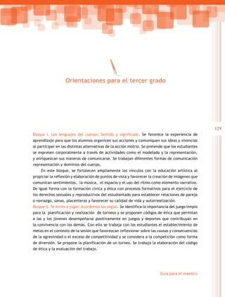 129
Guía para el maestro
Orientaciones para el tercer grado
Bloque I. Los lenguajes del cuerpo: Sentido y significado. Se favorece la experiencia de
aprendizaje para que los alumnos organicen sus acciones y comuniquen sus ideas y vivencias
al participar en las distintas alternativas de la acción motriz. Se pretende que los estudiantes
se expresen corporalmente a través de actividades como el modelado y la representación,
y enriquezcan sus maneras de comunicarse. Se trabajan diferentes formas de comunicación
representación y dominios del cuerpo.
En este bloque, se fortalecen ampliamente los vínculos con la educación artística al
propiciar la reflexión y elaboración de puntos de vista y favorecer la creación de imágenes que
comunican sentimientos, la música, el espacio y el uso del ritmo como elemento narrativo.
De igual forma con la formación cívica y ética con procesos formativos para el ejercicio de
los derechos sexuales y reproductivos del estudiantado para establecer relaciones de pareja
o noviazgo, sanas, placenteras y favorecer su calidad de vida y autorrealización.
Bloque II. Te invito a jugar: Acordemos las reglas. Se identifica la importancia del juego limpio
para la planificación y realización de torneos y se proponen códigos de ética que permitan
a las y los jóvenes desempeñarse positivamente en juegos y deportes que contribuyan en
la convivencia con los demás. Con ello se trabaja con los estudiantes el establecimiento de
metas en el contexto de la sesión que favorezcan reflexionar sobre las causas y consecuencias
de la agresividad o el exceso de competitividad y se considera a la competición como forma
de diversión. Se propone la planificación de un torneo. Se trabaja la elaboración del código
de ética y la evaluación del trabajo.
 