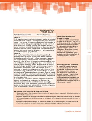 133
Guía para el maestro
Educación Física.
Tercer grado
Actividades de desarrollo Duración: 9 sesiones
Planificación: El desarrollo
de las actividades.
Se propone que con las actividades
de inicio se reconozca y fortalezca
el clima de confianza y certidumbre
del trabajo colaborativo; primero,
de manera vivenciada se generan
experiencias para que las y los
estudiantes refuercen la empatía
basada en la confianza y el
apoyo mutuo contrastado con la
sensación de aislamiento y falta de
comunicación de la persona.
Sesión 2
1. Se organizan cuatro equipos mixtos, para realizar la actividad
“Confianza en el Equipo”. Los integrantes del grupo se colocan
de pie y muy juntos, formando un pequeño círculo. Uno pasa al
centro, cierra los ojos, y con los pies juntos se deja caer hacia
atrás. El grupo lo sostiene, evitando que se caiga; se quiere
que se perciba la sensación de confianza en el apoyo grupal. La
actividad concluye cuando han pasado al centro todos los del
equipo. Se pregunta sobre sus sensaciones y la importancia de
la certidumbre en el apoyo del otro.
Sesión 3
1. Se realiza la actividad “Aislamiento e integración”: El
grupo se coloca en círculo, lo más juntos posible. Se pide a
un estudiante salir del círculo y colocarse de cara a la pared,
con los pies juntos y brazos cruzados. El docente pregunta,
entonces, cómo se siente en relación con sus compañeros. Una
vez emitida su respuesta, pregunta al grupo cómo se siente en
relación con el compañero aislado. A continuación se pregunta
al estudiante que quedó fuera qué sentimientos y emociones
experimentó. Y finalmente, se le pide volver al grupo y
colocarse en posición normal y de nuevo se les pregunta cómo
se sienten. Luego, el docente pide al alumnado que en círculo
se tomen de las manos fuertemente. Se cuelga sobre las manos
de dos de ellos y hace notar la cohesión operada. Sin soltarse de
las manos, unidos los pies y sin cambiarse de sitio, les pide que
se echen para atrás.
2. Al concluir la actividad se elaboran preguntas de reflexión
sobre la confianza que se tienen las y los alumnos y las
dificultades para depositar certidumbre en el grupo: ¿Qué  
situaciones, emociones, sensaciones, sentimientos, entre otras
cosas, se vivenciaron?, ¿En qué consiste la cohesión del grupo?,
¿Qué se requiere para generar la confianza?
Nociones y procesos formativos:
Se trabaja la integración grupal y
la expresión de puntos de vista,
en donde el estudiante proponga
diferentes acciones motrices
que le permitan comprender el
lenguaje corporal y experimentar
sus posibilidades motrices, sus
emociones y sensaciones y vincular
los aspectos socio-afectivos a las
actitudes y valores requeridos en su
vida personal y social.
Recomendaciones didácticas: el papel del docente:
•	Coopere de manera discreta, pero efectiva, motivando la acción libre y responsable del estudiantado en el
desarrollo de sus proyectos.
•	Proponga momentos de reflexión y rescate de los aspectos positivos que se han manifestado en las sesiones,
así como de los aspectos que deben corregirse, como parte de la evaluación continua orientada a mejorar el
proceso.
•	Promueva la participación de todos los alumnos, el respeto por el juego limpio y la actitud de tolerancia.
•	Propicie la reflexión en torno a la cooperación, la ayuda mutua y el respeto a los acuerdos.
 