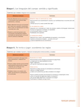 49
TERCER GRADO
Bloque I. Los lenguajes del cuerpo: sentido y significado
Competencia que se favorece: Integración de la corporeidad
Aprendizajes esperados Contenidos
•	Describe diferentes formas de expresión
y comunicación para transmitir ideas,
sentimientos y vivencias.
•	Aplica diferentes formas de comunicación
por medio de su expresión corporal para
llevar a cabo una representación de ideas
y acciones de su vida.
•	Muestra su potencial expresivo para
comunicarse corporalmente mediante
actividades de representación en las que
pone en práctica la creatividad.
Diferentes formas de comunicación del cuerpo
Reconocimiento de la representación corporal y sus manifestaciones en acciones de la vida
cotidiana.
¿Piensas que con tu cuerpo puedes decir algo?
El uso expresivo del cuerpo
Desarrollo de la motricidad por medio de procesos creativos del lenguaje corporal para
favorecer la imaginación, la fantasía y la originalidad.
La comunicación verbal y no verbal.
Posibilidades de la expresión.
La comunicación corporal
Valoración de su cuerpo y las posibilidades de expresión y comunicación.
Cuando te comunicas con alguien… ¿es sólo con la voz?
¿Cuál es el significado de tus movimientos?
Bloque II. Te invito a jugar: acordemos las reglas
Competencia que se favorece: Expresión y realización de desempeños motrices sencillos y complejos
Aprendizajes esperados Contenidos
•	Identifica la importancia del juego limpio
para la planificación y realización de
torneos.
•	Propone códigos de ética que le permitan
desempeñarse positivamente en juegos
y deportes que contribuyan en la
convivencia con los demás.
•	Establece metas en el contexto de la
sesión que favorezcan su participación
en la vida diaria.
Planeación de un torneo
Reconocimiento de las actitudes que favorecen el juego limpio.
La organización es responsabilidad de todos.
Regla o reglamento.
¿Por qué son importantes las reglas en el juego?
Código de ética
Desarrollo de códigos de ética en actividades de confrontación.
¿Qué es un código de ética?
¿Cuáles son los elementos que debo considerar en el código?
Poner en práctica acuerdos para favorecer la convivencia y el desempeño motriz.
¿Cómo me ayudan las reglas para mejorar mi actuación?
¿Por qué las reglas determinan mi actuación en el juego?
Confrontación, el desafío conmigo mismo.
 
