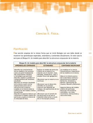 Ciencias II. Física.




Planificación
Esta   sección empieza de la misma forma que se inició Biología con una tabla donde se                         121
muestren los aprendizajes esperados, estándares y contenidos disciplinares. En este caso lo
será para el Bloque III. Un modelo para describir la estructura corpuscular de la materia.


        Bloque III. Un modelo para describir la estructura corpuscular de la materia
  APRENDIZAJES ESPERADOS                      ESTÁNDARES                  CONTENIDO DISCIPLINAR

Identifica las características       Explicar el modelo de partículas    Los modelos en la ciencia.
de los modelos y los reconoce        cinético de la materia y su         Características e importancia
como una parte fundamental           relación con el volumen, masa,      de los modelos en la ciencia.
del conocimiento científico          densidad, temperatura, calor y
y tecnológico que permiten           estados físicos (de agregación).    Ideas en la historia acerca
describir, explicar o predecir el                                        de la naturaleza continua y
comportamiento del fenómeno          (Reconocer que la materia no es     discontinua de la materia:
estudiado.                           continua).                          Demócrito, Aristóteles y
Reconoce el carácter inacabado                                           Newton; aportaciones de
de la ciencia a partir de las        (Reconocer que el desarrollo        Clausius, Maxwell y Boltzmann.
explicaciones acerca de la           científico es un proceso
estructura de la materia,            colectivo que depende del           Aspectos básicos del modelo
surgidas en la historia hasta la     trabajo y las aportaciones de los   cinético de partículas:
construcción del modelo cinético     científicos).                       Partículas microscópicas
de partículas.                                                           indivisibles, con masa,
Describe los aspectos básicos que    (Reconocer que el tamaño de         movimiento, interacciones y
conforman el modelo cinético de      las partículas es tal que es        vacío entre ellas.
partículas y explica el efecto de    imposible observarlas a través
la velocidad de éstas.               de un microscopio común).




                                                                                     Guías   para el maestro
 