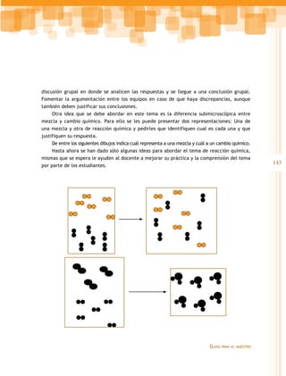 discusión grupal en donde se analicen las respuestas y se llegue a una conclusión grupal.
Fomentar la argumentación entre los equipos en caso de que haya discrepancias, aunque
también deben justificar sus conclusiones.
     Otra idea que se debe abordar en este tema es la diferencia submicroscópica entre
mezcla y cambio químico. Para ello se les puede presentar dos representaciones: Una de
una mezcla y otra de reacción química y pedirles que identifiquen cual es cada una y que
justifiquen su respuesta.
     De entre los siguientes dibujos indica cuál representa a una mezcla y cuál a un cambio quimico.
     Hasta ahora se han dado sólo algunas ideas para abordar el tema de reacción química,
mismas que se espera le ayuden al docente a mejorar su práctica y la comprensión del tema
por parte de los estudiantes.
                                                                                                          143




                                                                                Guías   para el maestro
 