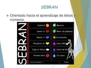 SEBRAN
 Orientado hacia el aprendizaje de letras y
números.
 
