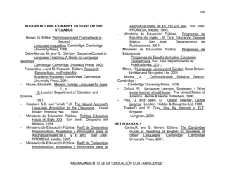 106
“RELANZAMIENTO DE LA EDUCACIÓN COSTARRICENSE”
SUGGESTED BIBLIOGRAPHY TO DEVELOP THE
SYLLABUS
Brown ,G. Editor. Performance and Competence in
Second
Language Acquisition. Cambridge: Cambridge
University Press, 1996.
Celce-Murcia, M. and E. Olshtian. DiscourseContext in
Language Teaching. A Guide for Language
Teachers.
Cambridge: Cambridge University Press, 2000.
Flowerdew, J.and M. Peacock. Editors. Research
Perspectives on English for
Academic Purposes. Cambridge: Cambridge
Univerisity Press, 2001.
- House, Elizabeth. Modern Foreign Language for Ages
11 to
16. London: Department of Education and
Science,
1991.
- Krashen, S.D. and Terrell, T.D. The Natural Approach
Language Acquisition in the Classroom. Great
Britain: Prentice Hall, 1988.
- Ministerio de Educación Pública. Política Educativa
Hacia el Siglo XXI. San José: Despacho del
Ministro, 1994.
- Ministerio de Educación Pública. Perfil de Contenidos
Programáticos Aceptados y Priorizados para la
Asignatura Inglés de X y XI año. San José:
PROMESA, Inédito, 1995.
- Ministerio de Educación Pública. Perfil de Contenidos
Programáticos Aceptados y Priorizados para la
Asignatura Inglés de XII, VIII y IX año. San José:
PROMESA, Inédito, 1995.
- Ministerio de Educación Pública. Programas de
Estudios de Inglés - III Ciclo Educación General
Básica. San José: Departamento de
Publicaciones, 2001.
Ministerio de Educación Pública. Programas de
Estudios de
Programas de Estudio de Inglés. Educación
Diversificada. San José: Departamento de
Publicaciones, 2001.
Minns, H Language Literacy and Gender. Great Britain:
Hodder and Stoughton Lta, 2001.
Munby, J. Communicative Syllabus Design.
Cambridge :
- Cambridge University Press, 1978.
- Oxford, R. Language Learning Strategies - What
every teacher should know. The United States of
America: Heinle & Heinle Publishers, 1990.
- Pike, G. and Selby, D. Global Teacher, Global
Learner. London: Hodder & Stoughton Ltd, 1988.
Teeler,D and P. Gray. Use the Internet in ELT.
England:
Longman, 2000.
METHODOLOGY
Carter,R. and D. Nunan. Editors. The Cambridge
Guide to Teaching of English to Speakers of
Other Languages. Cambridge: Cambridge
University Press. 2001.
 
