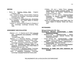 110
“RELANZAMIENTO DE LA EDUCACIÓN COSTARRICENSE”
WRITING
- Byrne, D. Teaching Writing Skills. England:
Longman, 1988.
Leki, I. Academic Writing. Second Edition- Exploring
Processes and Strategies. Cambridge:Cambridge
University Press, 1998.
- Tom, A. & McKay, H. Writing Warm Ups - 20 Activities
for Prewriting. The United States of America:
Alemany Press, 1989.
Turkenik, C. Choices-Writing Projects for Students of
ESL. Cambridge: Cambridge University Press,
1998.
ASSESSMENT AND EVALUATION
Alderson, J. C. , C. Clapham and D. Wall. Language
Test Construction and Evaluation. Cambridge:
Cambridge
Univesity Press, 1995.
Alderson, J. C. Assessing Reading. Cambridge:
Cambridge Language Assessment Series, 2000.
Buck, G. Assessing Listening. Cambridge:
Cambridge Language Assessment Series, 2001.
Cohen, A.D. Assessing Language Ability in the
Classroom. Second Edition. The United States of
America: Heile and Heile, 1994.
Cushing Weigle, S. Assessing Writing. Cambridge:
Cambridge Language Assessment Series,2002.
Read, J. Assessing Vocabulary. Cambridge:
Cambridge Language Assessment Series,2000.
O´Malley, J.M. and L. Valdez Pierce. Authentic
Assessment for English Language Learner. The
United States of America: Addison-Wesley
Publishing Company, 1996.
Richards, J. and J.A. Upshur. Classroom-Based
Evaluation in Second Language Education.
Cambridge: Cambridge Language
Education,1996.
Rogers, B. Complete Guide to the TOEFL Test. The
United States of America: Heinle and Heinle,
2001.
DICTIONARIES
Bilingual dictionaries S/E - Esp.
Diccionarios Bilingües Español-Inglés / Inglés-
Español por escoger:
- Applenton-Cuyas. Applenton-Cuyas - Nuevo
Diccionario Revisado. Editorial Prentice Hall
Hispanoamérica, S.A.
- Cortina M.Graw Hill. Spanish-English / Inglés-
Español. Edición Especial. Editorial McGraw Hill.
- Larousse - Diccionario Práctico Inglés-Español /
Español-Inglés. Ediciones Larousse.
- Universidad de Chicago. Diccionario Inglés-Español /
Español- Inglés. University of Chicago.
Diccionarios en Inglés para años superiores por
escoger:
 