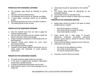 34
“RELANZAMIENTO DE LA EDUCACIÓN COSTARRICENSE”
PRINCIPLES FOR ASSESSING LISTENING
a. The language used should be delivered at normal
speed.
b. The input should be delivered twice.
c. The language used should be as authentic a possible.
d. If using tapes, recordings should be of excellent
quality.
e. Recording equipment has to be in excellent conditions.
f. The setting should be free of noise.
PRINCIPLES FOR ASSESSING SPEAKING
a. Give the students more than one task to judge the
students speaking ability.
b. Set only tasks and topics that the students should be
able to cope with in their own language.
c. Create a pleasant atmosphere so that students will not
feel threatened.
d. Teachers should avoid talking too much when
interviewing students.
e. Encourage the students to speak.
f. Teachers should design different instruments such as
rating scales and check-lists to recall student’s
performance.
PRINCIPLES FOR ASSESSING READING
a. The tasks should be stated briefly and concisely.
b. In the case of multiple-choice questions, alternatives
should have a parallel structure.
c. A variety of assessment techniques must be used.
d. Skills students master in their native language must be
tested first.
e. Texts length should be appropriate for the students’
level.
f. The chosen texts should be appropriate for the
candidates interests.
g. Texts should not be too culturally bound.
h. Students should be tested on topics they have already
read.
PRINCIPLES FOR ASSESSING WRITING
a. Writing tasks should be similar to the types of writing
students will do in real-life:
- they should specify an audience.
- they should specify a purpose for writing.
- they should specify a context.
b. Tasks should test a wide range of functions
(describing, comparing, contrasting, expressing
opinions, giving reasons, asking for opinions, asking
for information, etc).
c. Tasks should test different registers (formal / informal)
d. Instructions must indicate:
- the amount of time allowed for writing.
- the number of words expected.
- the way the writing will be marked.
e. Instructions must be clear and concise.
 