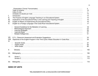 10
“RELANZAMIENTO DE LA EDUCACIÓN COSTARRICENSE”
Presentation (Temas Transversales)…………………………………………………………………………….… 4
Table of contents……………………………………………………………………………………………………..… 10
Index of units………………………………………………………………………………………………………….…. 11
Unidades de estudio por nivel……………………………………………………………………………………….. 13
I. Introduction…………………………………………………………………………………………………………..… 14
II. The Purpose of English Language Teaching in our Educational System …………….…………………….….. 14
III. Implications of the Educational Policy in the Learning and Teaching of English …………………………...…. 15
IV. English as Means of Implementing the Educational Policy ………..…………………………………………….. 16
V. English as a Foreign Language in the Costa Rican Educational System..……………………………………... 17
- General Guidelines for the Mediation of Learning…………………………………………………………….… 18
- Methodological Approach ……………………………………………………………………………………….… 23
- Learning Strategies………..…………………………………………………………………………………….…. 25
- Learning Styles ………………………………………………………………………………………………….… 27
- Multiple Intelligencies…………………………………………………………………………………………….… 31
VII. E.F.L. Classroom Assesment and Evaluation Suggestions…………..…………………………………………… 33
VIII. Objectives of the English Program in the Third Cycle of Basic Education in Costa Rica………………..…….. 35
IX
- Seventh Grade…………………………………………………………………………………………………….... 37
- Eighth Grade………..………………………………………………………………………………………………. 55
- Ninth Grade…………..……………………………………………………………………………………………... 80
X Glossary ………………………………………………………………………………………………....………….. 100
XII. Bibliography…..…………………………………………………………………………………… …………………... 106
XI. Annex 1……………………………………………………………………………………………………………… 114
Annexo 2…………………………………………………………………………………………………………….. 115
XII. Bibliografía…...…………………………………………………………………………………… ………………….... 118
INDEX OF UNITS
 