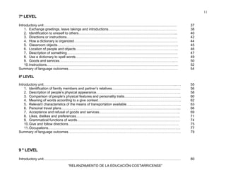 11
“RELANZAMIENTO DE LA EDUCACIÓN COSTARRICENSE”
7º LEVEL
Introductory unit……………………………………………………………………………………………………… 37
1. Exchange greetings, leave takings and introductions…………………………………………………… 38
2. Identification to oneself to others…………………………………………………………………………... 40
3. Directions or instructions………………………………………………………………………………….… 42
4. How a dictionary is organized…………………………………………………………………………….… 44
5. Classroom objects……………………………………………………………………………………………. 45
6. Location of people and objects……………………………………………………………………………... 46
7. Description of something……………………………………………………………………………………. 47
8. Use a dictionary to spell words……………………………………………………………………………… 49
9. Goods and services………………………………………………………………………………………..… 50
10.Instructions……………………………………………………………………………………………………. 52
Summary of language outcomes…………………………………………………………………………………… 54
8º LEVEL
Introductory unit……………………………………………………………………………………………………...…. 55
1. Identification of family members and partner’s relatives…………………………………………………… 56
2. Description of people’s physical appearance……………………………………………………………….. 58
3. Comparison of people’s physical features and personality traits………………………………………….. 60
4. Meaning of words according to a give context………………………………………………………………. 62
5. Relevant characteristics of the means of transportation available….…………………………………….. 63
6. Personal travel plans…………………………………………………………………………………………... 66
7. Acceptance and refusal of goods and services…………………………………………………………….. 69
8. Likes, dislikes and preferences………………………………………………………………………………. 71
9. Grammatical functions of words……………………………………………………………………………… 74
10.Give and follow directions……………………………………………………………………………………. 75
11.Occupations……………………………………………………………….……………………………………. 77
Summary of language outcomes……………………………………………………………………………………… 79
9 º LEVEL
Introductory unit………………………………………………………………………………………………………… 80
 