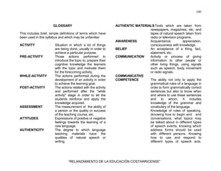 100
“RELANZAMIENTO DE LA EDUCACIÓN COSTARRICENSE”
GLOSSARY
This includes brief, simple definitions of terms which have
been used in this syllabus and which may be unfamiliar
ACTIVITY Situation in which a lot of things
are being done, usually in order to
achieve a particular purpose.
PRE-ACTIVITY Those actions performed to
introduce the topic to, prepare their
cognitive knowledge the learners
with the topic and motivate them
for the forecoming activity.
WHILE-ACTIVITY The actions performed during the
development of an activity in order
to achieve the learning goal.
POST-ACTIVITY The actions related with the activity
and performed after the "while
activity" stage in order to let the
students reinforce and apply the
knowledge acquired.
ASSESSMENT The measurement of the ability of
a person or the quality or success
of the teaching course, etc.
ATTITUDES Expressions of positive or negative
feelings towards the learning of a
new language.
AUTHENTICITY The degree to which language
teaching materials have the
qualities of natural speech or
writing.
AUTHENTIC MATERIALS Texts which are taken from
newspapers, magazines, etc, and
tapes of natural speech taken from
radio or television programs.
AWARENESS Acquaintance, appreciation,
consciousness with knowledge.
BELIEF An acceptance of a thing, fact,
statement, etc.
COMMUNICATION Activity or process of giving
information to other people or
other living things, using signals
such as speech, body movement
or radio signals.
COMMUNICATIVE
COMPETENCE The ability not only to apply the
grammatical rules of a language in
order to form grammatically correct
sentences but also to know when
and where to use these sentences
and to whom. It includes
knowledge of the grammar and
vocabulary of the language.
Knowledge of rules of speaking.
(knowing how to begin and end
conversations, what topics may
be talked about in different types
of speech events, knowing which
address forms should be used
with different persons. Knowing
how to use and respond to
different types of speech acts.
 