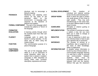102
“RELANZAMIENTO DE LA EDUCACIÓN COSTARRICENSE”
structure, and to encourage a
liking for reading.
FEEDBACK Monitoring and adapting one's
actions on the basis of the
perceived effect on the
environment. In language work,
response to the reactions of
listeners and readers.
FORMAL COMPONENT The part of the language which
includes the patterns or "forms" of
the language.
FORMATIVE
EVALUATION A learning activity through which
the students learn from their own
mistakes.
FLUENCY Language work in which the
learner is acting naturally, I In the
same way as when using the
mother tongue.
FUNCTION The communicative purpose of a
piece of language.
FUNCTIONAL
COMPONENT The part of the language which
refers to it as an instrument of
social interaction rather than a
system that is viewed in isolation.
Language is often described as
having three main functions:
descriptive, expressive and social.
GLOBAL DEVELOPMENT The insertion of
individual and national working
forces into the world development.
GROUP WORK Work in which the class is broken
into small groups of from three to
eight people. They may work
simultaneously on the same task,
or be given different tasks of varied
types or levels.
GUIDELINES Principles or criterion guiding or
directing action.
IMPLEMENTATION The process of carrying out a plan,
a system, a law, etc, you carry
them out in order to change or
control the situation.
INDUCTIVE A way of reasoning in which you
use individual ideas or facts to give
you a general rule or conclusion.
INFERENCE The process of arriving at a
hypothesis, idea or judgement on
the basis of other knowledge,
ideas or judgements.
INFORMATION GAP A situation where information is
known by only of those present. In
communicative language teaching
it is said that in order to promote
real communication between
students, there must be
information gap between them or
between them and the teacher.
Without that gap the classroom
 