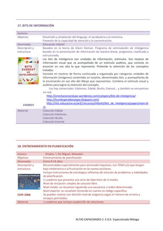 ALTAS CAPACIDADES 2. E.O.E. Especializado Málaga
17. BITS DE INFORMACIÓN
Autores:
Objetivo: Desarrollo y ampliación del lenguaje, el vocabulario y la memoria.
Fomento de la capacidad de atención y la concentración.
Alumnado: Educación infantil
Descripción y
estructura:
EVEREST
Basados en la teoría de Glenn Doman. Programa de estimulación de inteligencia
basado en la presentación de información de manera breve, progresiva, clasificada y
estructurada.
Los bits de inteligencia son unidades de información, estímulos. Son tarjetas de
información visual que va acompañado de un estímulo auditivo, que consiste en
enunciar en voz alta lo que representa. Pretende la retención de los conceptos
tratados.
Consiste en mostrar de forma continuada y organizada por categorías unidades de
información (imágenes) contenidas en tarjetas, denominadas bits, y acompañarlas de
la enunciación en voz alta del dibujo que representan. Combina el estímulo visual y
auditivo para lograr la retención del concepto.
Los hay comerciales: Edelvives, Edebé, Bruño, Everest… y también se encuentran
en red:
http://orientacionandujar.wordpress.com/category/bits-de-inteligencia/
http://lourdesgiraldovargas.blogspot.com/
http://ntic.educacion.es/w3//recursos/infantil/bits_de_inteligencia/pages/main.ht
m
Material Colección Edebé
Colección Edelvives
Colección Bruño
Colección Everest
18. ENTRENAMIENTO EN PLANIFICACIÓN
Autora: Orjales, I; De Miguel, Matxalen
Objetivo: Entrenamiento de planificación
Alumnado: Entre 9-14 años
Descripción y
estructura:
CEPE 2008
Recomendado especialmente para alumnado impulsivo, con TDAH y/o que tengan
baja intolerancia a la frustración en las tareas escolares.
Incluye instrucciones de estrategias reflexivas de solución de problemas y habilidades
de planificación.
1 cuaderno que presenta una serie de laberintos de 3 niveles.
Nivel de iniciación: simples de solución libre.
Nivel medio: se resuelven siguiendo una secuencia u orden determinado.
Nivel experto: se resuelven teniendo en cuenta un código específico.
Se pueden realizar con distinto nivel de exigencia según el número de errores y
ensayos permitidos.
Material 1 cuaderno que incluye cuadernillo de soluciones.
 