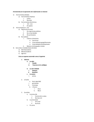 Herramientas de recuperación de la información en internet
1) Herramientaseditadas
a) Herramientas impresas
I. Libros
II. Revistas
b) Herramientas electrónicas
I. CD – rom
II. Disquets}
2) Herramientason . line
a) Páginas de recursos
I. De organismos públicos
II. De universidades
III. De particulares
b) Buscadores
I. Índices o directorios
 Genéricos
 Especializados geográficamente
 Especializados temáticamente
II. Motores de búsqueda o robots
3) Consultasa multiples bases de datos
a) Multibuscadores
b) Metabuscadores
c) Agentes
Crea un esquema numerado como el siguiente
1. Valencia
a. La safor
I. Gandia
II. Travernes de la valldigna
b. La vall d´albaida
I. Ontinyet
II. bocairent
c. la costera
I. xatrva.
2. alicante
a. bajo seguridad
I. guardamar
II. lorreviaja
b. L´ALcoia
I. Alcoi
II. Muro
3. Castellon
a. La plana alta
I. Castelode la plana
II. Benicas sim
b. La plana baixa
I. Vila-real
II. Bumana
c. Els ports
 