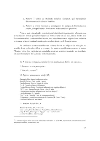  

                      iii. Autores e textos da chamada literatura universal, que representam
                           diferentes mundividências literárias;

                      iv. Autores e textos nacionais e estrangeiros do campo da literatura para
                          jovens, com preferência por autores de reconhecida qualidade.

       Note-se que esta selecção constitui uma lista indicativa, enquanto referente para
a escolha dos textos que serão objecto de reflexão em sala de aula. Deste modo, esta
deve ser entendida como uma lista aberta, não impedindo outras sugestões de autores e
textos que sejam considerados relevantes em função do perfil de cada turma.

       As crónicas e contos reunidos em volume devem ser objecto de selecção, no
sentido de se poder diversificar o contacto do aluno com diferentes autores e textos.
Algumas obras (em particular as assinaladas com um asterisco) poderão ser abordadas
em excertos sempre devidamente contextualizados.


              1.3 A lista que se segue deverá ser revista e actualizada de três em três anos.

              I. Autores e textos portugueses
              1. Narrativa e teatro16

              1.1 Autores anteriores ao século XX
              Alexandre Herculano, Lendas e narrativas.
              Almeida Garrett, Falar verdade a mentir.
              Camilo Castelo Branco, Novelas do Minho.
              Eça de Queirós, Contos; O Mandarim.
              Fernão Mendes Pinto, Peregrinação (adaptação de Aquilino Ribeiro).
              Gil Vicente, Auto da Barca do Inferno; Auto da Índia.
              História trágico-marítima (adaptação de António Sérgio) *.
              Luís de Camões, Os Lusíadas.
              Pero Vaz de Caminha, Carta do achamento do Brasil *.
              O Romance de Amadis (reconstituição de António M. Couto Viana).
              Trindade Coelho, Os meus amores.

              1.2 Autores do século XX
              António Torrado, A Casa da Lenha.
              Irene Lisboa, Uma Mão Cheia de Nada, Outra de Coisa Nenhuma.
              Jorge de Sena, Homenagem ao Papagaio Verde e Outros Contos.
              José Cardoso Pires, O Burro-em-pé.
                                                            
16
   A leitura de alguns destes textos, em particular os anteriores ao século XX, favorecerá de uma articulação com a
disciplina de História, beneficiando dela.  

                                                                                                              159
 