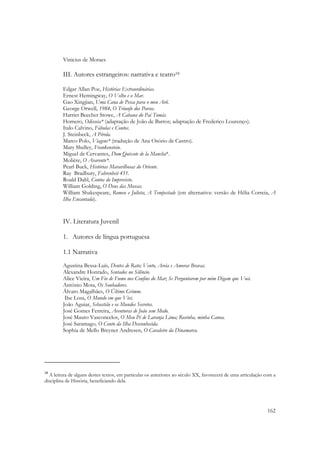  

              Vinicius de Moraes

              III. Autores estrangeiros: narrativa e teatro18

              Edgar Allan Poe, Histórias Extraordinárias.
              Ernest Hemingway, O Velho e o Mar.
              Gao Xingjian, Uma Cana de Pesca para o meu Avô.
              George Orwell, 1984; O Triunfo dos Porcos.
              Harriet Beecher Stowe, A Cabana do Pai Tomás.
              Homero, Odisseia* (adaptação de João de Barros; adaptação de Frederico Lourenço).
              Italo Calvino, Fábulas e Contos.
              J. Steinbeck, A Pérola.
              Marco Polo, Viagens* (tradução de Ana Osório de Castro).
              Mary Shelley, Frankenstein.
              Miguel de Cervantes, Dom Quixote de la Mancha*.
              Molière, O Avarento*.
              Pearl Buck, Histórias Maravilhosas do Oriente.
              Ray Bradbury, Fahrenheit 451.
              Roald Dahl, Contos do Imprevisto.
              William Golding, O Deus das Moscas.
              William Shakespeare, Romeu e Julieta; A Tempestade (em alternativa: versão de Hélia Correia, A
              Ilha Encantada).


              IV. Literatura Juvenil

              1. Autores de língua portuguesa

              1.1 Narrativa
              Agustina Bessa-Luís, Dentes de Rato; Vento, Areia e Amoras Bravas.
              Alexandre Honrado, Sentados no Silêncio.
              Alice Vieira, Um Fio de Fumo nos Confins do Mar; Se Perguntarem por mim Digam que Voei.
              António Mota, Os Sonhadores.
              Álvaro Magalhães, O Último Grimm.
               Ilse Losa, O Mundo em que Vivi.
              João Aguiar, Sebastião e os Mundos Secretos.
              José Gomes Ferreira, Aventuras de João sem Medo.
              José Mauro Vasconcelos, O Meu Pé de Laranja Lima; Rosinha, minha Canoa.
              José Saramago, O Conto da Ilha Desconhecida.
              Sophia de Mello Breyner Andresen, O Cavaleiro da Dinamarca.




                                                            
18
   A leitura de alguns destes textos, em particular os anteriores ao século XX, favorecerá de uma articulação com a
disciplina de História, beneficiando dela.  

 

                                                                                                              162
 