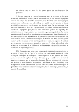 aos alunos, uma vez que ele fará parte apenas da metalinguagem do
       professor.

       A fim de contrariar a eventual propensão para se acentuar o eixo dos
conteúdos, chama-se a atenção para a necessidade de se não trabalhar o programa
apenas em função dos referidos conteúdos; estes facultam uma metalinguagem
comum aos professores dos três ciclos, no sentido de se reverter a deriva
terminológica que se foi manifestando nos últimos anos. De um ponto de vista
didáctico, eles devem ser activa e criativamente articulados com os desempenhos
esperados, agrupados por grandes linhas orientadoras (coluna da esquerda) do
trabalho sobre as competências; a não ser assim, o programa poderá resultar numa
mera descrição de conceitos, com escassas consequências no plano da aquisição e
do desenvolvimento de competências. Acrescente-se ainda que mais importante do
que levar os alunos a memorizar definições de termos (um risco que se agrava
quando estão em causa termos metalinguísticos) é torná-los capazes de utilizar
correctamente, em contexto, os respectivos conceitos. A coluna adicional de notas
reporta-se a sugestões de actividades e a clarificações, não pondo em causa a
autonomia da acção do professor.

        1.3.2 Os quadros que agora estão em causa são organizados de acordo com o
conjunto de competências específicas estabelecidas no Currículo Nacional do Ensino
Básico para a disciplina de Português, a saber: compreensão do oral, expressão oral, leitura,
escrita e conhecimento explícito da língua. Note-se que, podendo embora parecer
extensos, os quadros que se seguem implicam, em diversos momentos do processo
de ensino e aprendizagem, tratamentos articulados e em simultâneo das
competências e dos desempenhos que lhe estão associados. Reservam-se para a
parte final deste capítulo as orientações de gestão, tendo em atenção, entre outras, a
questão da anualidade.




                                                                                          28
 
