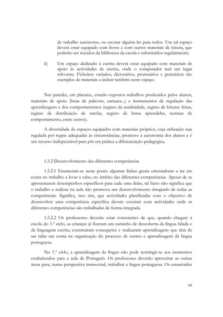  

              de trabalho autónomo, ou escutar alguém ler para todos. Um tal espaço
              deverá estar equipado com livros e com outros materiais de leitura, que
              poderão ser trazidos da biblioteca da escola e substituídos regularmente;

       ii)    Um espaço dedicado à escrita deverá estar equipado com materiais de
              apoio às actividades de escrita, onde o computador terá um lugar
              relevante. Ficheiros variados, dicionários, prontuários e gramáticas são
              exemplos de materiais a incluir também neste espaço.


       Nas paredes, em placares, estarão expostos trabalhos produzidos pelos alunos;
materiais de apoio (listas de palavras, cartazes...) e instrumentos de regulação das
aprendizagens e dos comportamentos (registo da assiduidade, registo de leituras feitas,
registo de distribuição de tarefas, registo de letras aprendidas, normas de
comportamento, entre outros).

       A diversidade de espaços equipados com materiais próprios, cuja utilização seja
regulada por regras adequadas às circunstâncias, promove a autonomia dos alunos e é
um recurso indispensável para pôr em prática a diferenciação pedagógica.



       1.5.2 Desenvolvimento das diferentes competências

       1.5.2.1 Enumeram-se neste ponto algumas linhas gerais orientadoras a ter em
conta no trabalho a levar a cabo, no âmbito das diferentes competências. Apesar de se
apresentarem desempenhos específicos para cada uma delas, tal facto não significa que
o trabalho a realizar na aula não promova um desenvolvimento integrado de todas as
competências. Significa, isso sim, que actividades planificadas com o objectivo de
desenvolver uma competência específica devem coexistir com actividades onde as
diferentes competências são trabalhadas de forma integrada.

        1.5.2.2 Os professores deverão estar conscientes de que, quando chegam à
escola do 1.º ciclo, as crianças já fizeram um caminho de descoberta da língua falada e
da linguagem escrita; construíram concepções e realizaram aprendizagens que têm de
ser tidas em conta na organização do processo de ensino e aprendizagem da língua
portuguesa.

       No 1.º ciclo, a aprendizagem da língua não pode restringir-se aos momentos
estabelecidos para a aula de Português. Os professores deverão aproveitar as outras
áreas para, numa perspectiva transversal, trabalhar a língua portuguesa. Os enunciados



                                                                                    68
 