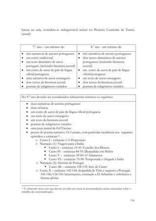  


leitura na aula, considera-se indispensável incluir no Projecto Curricular de Turma
(anual):


         7.º ano – um mínimo de:                            8.º ano - um mínimo de:

• três narrativas de autores portugueses         • três narrativas de autores portugueses
• um conto tradicional                           • dois textos dramáticos de autores
• um texto dramático de autor                      portugueses (incluindo literatura
  português (incluindo literatura juvenil)         juvenil)
• um conto de autor de país de língua            • um conto de autor de país de língua
  oficial portuguesa                               oficial portuguesa
• uma narrativa de autor estrangeiro             • um texto de autor estrangeiro
• dois textos da literatura juvenil              • dois textos da literatura juvenil
• poemas de subgéneros variados                  • poemas de subgéneros variados


No 9.º ano deverão ser considerados referenciais mínimos os seguintes:

    •   duas narrativas de autores portugueses
    •   duas crónicas
    •   um conto de autor de país de língua oficial portuguesa
    •   um texto de autor estrangeiro
    •   um texto da literatura juvenil
    •   poemas de subgéneros variados
    •   uma peça teatral de Gil Vicente
    •   passos do poema narrativo Os Lusíadas, com particular incidência nos seguintes
        episódios e estâncias15:
            o Canto I – estâncias 1-3: Proposição
            o Narração (1): Viagem para a Índia:
                      Canto I – estâncias 19-41: Concílio dos Deuses
                      Canto IV - estâncias 84-93: Despedidas em Belém
                      Canto V – estâncias 39-60: O Adamastor
                      Canto VI – estâncias 70-94: Tempestade e chegada à Índia
            o Narração (2): História de Portugal
                       Canto III – estâncias 118-135: Inês de Castro
            o Canto X – estâncias 142-144: despedida de Tétis e regresso a Portugal;
               145-146/154-156: lamentações, exortação a D. Sebastião e referência a
               futuras glórias
                  
                                                            
15 É sobretudo neste caso que devem ser tidas em conta as recomendações acima enunciadas sobre o

trabalho de contextualização.  

                                                                                               138
 
