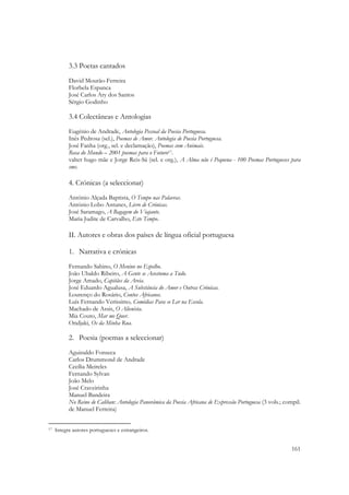  

              3.3 Poetas cantados
              David Mourão-Ferreira
              Florbela Espanca
              José Carlos Ary dos Santos
              Sérgio Godinho

              3.4 Colectâneas e Antologias
              Eugénio de Andrade, Antologia Pessoal da Poesia Portuguesa.
              Inês Pedrosa (sel.), Poemas de Amor. Antologia de Poesia Portuguesa.
              José Fanha (org., sel. e declamação), Poemas com Animais.
              Rosa do Mundo – 2001 poemas para o Futuro17.
              valter hugo mãe e Jorge Reis-Sá (sel. e org.), A Alma não é Pequena - 100 Poemas Portugueses para
              sms.

              4. Crónicas (a seleccionar)
              António Alçada Baptista, O Tempo nas Palavras.
              António Lobo Antunes, Livro de Crónicas.
              José Saramago, A Bagagem do Viajante.
              Maria Judite de Carvalho, Este Tempo.

              II. Autores e obras dos países de língua oficial portuguesa

              1. Narrativa e crónicas
              Fernando Sabino, O Menino no Espelho.
              João Ubaldo Ribeiro, A Gente se Acostuma a Tudo.
              Jorge Amado, Capitães da Areia.
              José Eduardo Agualusa, A Substância do Amor e Outras Crónicas.
              Lourenço do Rosário, Contos Africanos.
              Luís Fernando Veríssimo, Comédias Para se Ler na Escola.
              Machado de Assis, O Alienista.
              Mia Couto, Mar me Quer.
              Ondjaki, Os da Minha Rua.

              2. Poesia (poemas a seleccionar)
              Aguinaldo Fonseca
              Carlos Drummond de Andrade
              Cecília Meireles
              Fernando Sylvan
              João Melo
              José Craveirinha
              Manuel Bandeira
              No Reino de Caliban: Antologia Panorâmica da Poesia Africana de Expressão Portuguesa (3 vols.; compil.
              de Manuel Ferreira)

                                                            
17   Integra autores portugueses e estrangeiros. 

                                                                                                                161
 