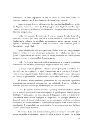  

matemáticos, os textos expositivos da área de estudo do meio, entre outros, são
exemplos excelentes para desenvolver competências de leitura e escrita.

       Sugere-se aos professores a leitura atenta dos materiais já publicados no âmbito
do Programa Nacional do Ensino do Português, por serem de grande qualidade e por
conterem actividades devidamente fundamentadas, visando o desenvolvimento das
diferentes competências.

        1.5.2.3 No domínio da compreensão do oral as crianças deverão desenvolver
habilidades de escuta para serem capazes de extrair informação dos textos ouvidos. É
fundamental a realização de actividades que ensinem os alunos a escutar, a reter e a
registar a informação pertinente a partir de discursos com diferentes graus de
formalidade e complexidade.

       A aprendizagem sistemática de vocabulário é indispensável para compreender os
discursos ouvidos. É preciso promover o alargamento do vocabulário da criança para
que ela compreenda os discursos da escola, se integre plenamente na vida do grupo a
que agora pertence e na comunidade de que faz parte.

     1.5.2.4 No domínio da expressão oral é fundamental que se evolua de situações de
comunicação oral informais para situações progressivamente mais formais.

        A criança aprenderá primeiro a utilizar a palavra para gerir os conflitos e as
interacções sociais, respeitando as regras de convivência social e as regras da língua. A
seguir aprenderá a gerir situações de comunicação oral formal, aprendendo a preparar o
seu discurso, a apresentá-lo e a agir em situação, de acordo com as reacções do público.

       O trabalho a desenvolver deverá proporcionar aos alunos situações explícitas de
aprendizagem de técnicas de expressão oral e de mobilização de novos vocábulos ou
estruturas que ouviu ou leu e que deverá integrar nos seus discursos.

         1.5.2.5 No domínio da leitura preconiza-se, como já anteriormente ficou referido,
que as aprendizagens já realizadas sejam o ponto de partida para a aprendizagem da
decifração. A compreensão da funcionalidade da linguagem escrita, a descoberta das
características dessa mesma linguagem, a compreensão do princípio alfabético e o
desenvolvimento da consciência fonológica são aprendizagens a privilegiar no início da
escolaridade. O desenvolvimento da consciência fonológica a partir de actividades de
identificação, de manipulação, de segmentação e de reconstrução dos sons da língua
facilita a aprendizagem da leitura.

       O convívio diário com materiais escritos, incluindo os textos produzidos pelos
alunos, explorados em interacção na sala de aula e a audição de textos com sentido,

                                                                                       69
 