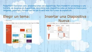 PowerPoint funcionan como presentaciones con diapositivas. Para transmitir un mensaje o una 
historia, se desglosa en diapositivas. Considere cada diapositiva como un lienzo en blanco para 
imágenes, palabras y formas con las que le será más fácil crear su exposición. 
Elegir un tema: Insertar una Diapositiva 
Nueva: 
 