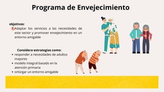 Programa de Envejecimiento
Adaptar los servicios a las necesidades de
este sector y promover envejecimiento en un
entorno amigable
objetivos:
1.
responder a necesidades de adultos
mayores
modelo integral basado en la
atención primaria
ortorgar un entorno amigable
Considera estrategias como:
 