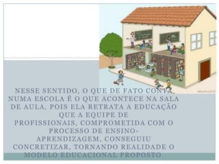 NESSE SENTIDO, O QUE DE FATO CONTA
NUMA ESCOLA É O QUE ACONTECE NA SALA
DE AULA, POIS ELA RETRATA A EDUCAÇÃO
QUE A EQUIPE DE
PROFISSIONAIS, COMPROMETIDA COM O
PROCESSO DE ENSINO-
APRENDIZAGEM, CONSEGUIU
CONCRETIZAR, TORNANDO REALIDADE O
MODELO EDUCACIONAL PROPOSTO.
 