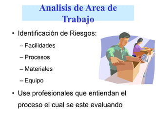 Analisis de Area de
Trabajo
• Identificación de Riesgos:
– Facilidades
– Procesos
– Materiales
– Equipo
• Use profesionales que entiendan el
proceso el cual se este evaluando
 