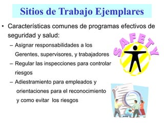 Sitios de Trabajo Ejemplares
• Características comunes de programas efectivos de
seguridad y salud:
– Asignar responsabilidades a los
Gerentes, supervisores, y trabajadores
– Regular las inspecciones para controlar
riesgos
– Adiestramiento para empleados y
orientaciones para el reconocimiento
y como evitar los riesgos
 