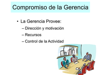 Compromiso de la Gerencia
• La Gerencia Provee:
– Dirección y motivación
– Recursos
– Control de la Actividad
 