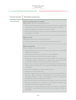 115
Foro de consulta Principales propuestas
Foros nacionales México con Educación de Calidad	
(Boca del Río, Veracruz-3 de abril de 2013)
yy Propiciar un medio de desarrollo a través de la activación física y el deporte que
incremente los niveles de la calidad de vida de las personas y las familias.
yy Fomentar el deporte como medio de prevención y salud.
yy Generar conocimiento que coadyuve a resolver los problemas más apremiantes
que aquejan a la sociedad.
México en Paz
(Monterrey, Nuevo León-16 de abril de 2013)
yy Reducir la violencia social y dar prioridad a la atención de la juventud.
México Incluyente
(Puebla, Puebla-23 de abril de 2013)
yy Generar políticas para la atención integral y transversal de las comunidades
indígenas y afromexicanas.
yy Promover educación sexual y reproductiva en zonas indígenas.
yy Impulsar la infraestructura básica para los pueblos indígenas.
yy Incrementar la oferta institucional de atención médica para personas con
discapacidad, ampliar la infraestructura y equipamiento urbano para facilitar
su movilidad, e impulsar sus expresiones artísticas y deportivas.
yy Generar una “cultura del envejecimiento” fundamentada en el respeto hacia los
adultos mayores impulsando su vida digna, penalizando el maltrato físico
y psicológico.
yy Crear centros integrales de atención a adultos mayores
yy Garantizar una vida sana para niños.
yy Fortalecer a organizaciones que atienden niños en situación de calle previniendo
adicciones, abuso, explotación, enfermedades de transmisión sexual y
paternidad prematura, a través de actividades productivas y participativas,
fortaleciendo las prácticas deportivas y artísticas.
yy Detectar oportunamente los embarazos de alto riesgo y la desnutrición infantil.
yy Promover la enseñanza de la nutrición en las escuelas de medicina para
incrementar el número de expertos en la materia.
yy Necesidad de un Sistema Nacional de Salud con énfasis en la población
vulnerable, la universalidad, la atención primaria de la salud y centrado en
el individuo.
 