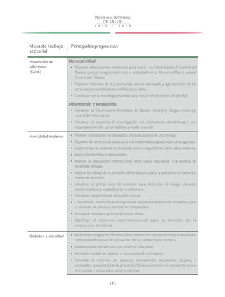 131
Mesa de trabajo
sectorial
Principales propuestas
Prevención de
adicciones
(Cont.)
Normatividad
yy Proponer adecuaciones necesarias para que la Ley General para el Control del
Tabaco cumpla íntegramente con lo estipulado en el Convenio Marco para el
Control del Tabaco.
yy Proponer reformas de ley necesarias para la adecuada y ágil atención de las
personas consumidoras en conflicto con la ley.
yy Continuar con la estrategia mundial para reducir el uso nocivo de alcohol.
Información y evaluación
yy Fortalecer al Observatorio Mexicano de tabaco, Alcohol y Drogas como eje
central de información.
yy Fortalecer el esquema de investigación con instituciones académicas y con
organizaciones del sector público, privado o social.
Mortalidad materna yy Prevenir embarazos no deseados, no indicados y de alto riesgo.
yy Disponer de servicios de salud para una maternidad segura, voluntaria y gozosa.
yy Implementar un sistema centralizado para el seguimiento de la salud materna.
yy Reducir las brechas e inequidades.
yy Mejorar la vinculación intersectorial entre salud, educación y la política de
desarrollo del país.
yy Mejorar la calidad de la atención del embarazo, parto y puerperio en todos los
niveles de atención.
yy Fortalecer el primer nivel de atención para detección de riesgo, atención
obstétrica básica, estabilización y referencia.
yy Fortalecer programas de educación sexual.
yy Consolidar la formación e incorporación del personal de salud no médico para
la atención de partos y abortos no complicados.
yy Actualizar normas y guías de práctica clínica.
yy Ratificar el convenio interinstitucional para la atención de la
emergencia obstétrica.
Diabetes y obesidad yy Realizar estrategias de información en medios de comunicación para desarrollar
campañas educativas de activación física y alimentación correcta.
yy Redimensionar los vínculos con el sector educativo.
yy Motivar el cambio de hábitos y costumbres de los hogares.
yy Fomentar la inversión en espacios comunitarios recreativos, seguros y
apropiados para practicar la activación física y promover el transporte activo
en ciclovías y pistas para correr y caminar.
 