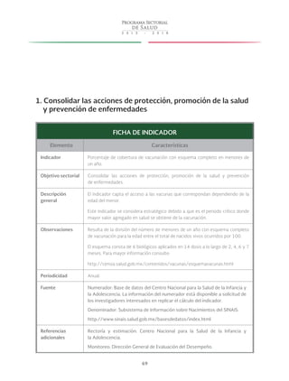 69
1. Consolidar las acciones de protección, promoción de la salud
y prevención de enfermedades
FICHA DE INDICADOR
Elemento Características
Indicador Porcentaje de cobertura de vacunación con esquema completo en menores de
un año.
Objetivo sectorial Consolidar las acciones de protección, promoción de la salud y prevención
de enfermedades.
Descripción
general
El indicador capta el acceso a las vacunas que correspondan dependiendo de la
edad del menor.
Este indicador se considera estratégico debido a que es el periodo crítico donde
mayor valor agregado en salud se obtiene de la vacunación.
Observaciones Resulta de la división del número de menores de un año con esquema completo
de vacunación para la edad entre el total de nacidos vivos ocurridos por 100.
El esquema consta de 6 biológicos aplicados en 14 dosis a lo largo de 2, 4, 6 y 7
meses. Para mayor información consulte:
http://censia.salud.gob.mx/contenidos/vacunas/esquemavacunas.html
Periodicidad Anual.
Fuente Numerador: Base de datos del Centro Nacional para la Salud de la Infancia y
la Adolescencia. La información del numerador está disponible a solicitud de
los investigadores interesados en replicar el cálculo del indicador.
Denominador: Subsistema de Información sobre Nacimientos del SINAIS:
http://www.sinais.salud.gob.mx/basesdedatos/index.html
Referencias
adicionales
Rectoría y estimación: Centro Nacional para la Salud de la Infancia y
la Adolescencia.
Monitoreo: Dirección General de Evaluación del Desempeño.
 