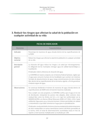 77
3. Reducir los riesgos que afectan la salud de la población en
cualquier actividad de su vida
FICHA DE INDICADOR
Elemento Características
Indicador Porcentaje de muestras de agua clorada dentro de las especificaciones de
la NOM.
Objetivo
sectorial
Reducir los riesgos que afectan la salud de la población en cualquier actividad
de su vida.
Descripción
general
La cloración del agua reduce los riesgos a la salud por microorganismos.
Es obligación de los municipios entregar agua de calidad bacteriológica a
la población.
El indicador mide la eficiencia de cloración del agua.
La COFEPRIS de manera conjunta con el Sistema Federal Sanitario, vigilan que
el agua para consumo humano de las localidades que cuentan con sistemas
formales de abastecimiento de agua, tenga concentraciones de cloro residual
libre dentro de las especificaciones de la normativa vigente, a fin de garantizar
el abasto seguro de agua.
Observaciones Se construye dividiendo el número de muestras de agua clorada dentro de
especificaciones de NOM entre el total de muestras realizadas.
Para cumplir con este propósito, la COFEPRIS verifica que el agua en la red
de distribución, incluyendo los puntos más alejados, debe contener cloro
residual libre entre los límites de 0,2 a 1,5 mg/l de conformidad con la
MODIFICACIÓN a la Norma Oficial Mexicana NOM-127-SSA1-1994, Salud
ambiental. Agua para uso y consumo humano. Límites permisibles de calidad
y tratamientos a que debe someterse el agua para su potabilización.
Elindicador,resultadedividirelnúmerototalacumuladodelasdeterminaciones
de cloro residual libre en tomas domiciliarias dentro del límite permisible de
la norma, entre el total de determinaciones acumuladas hasta el mes de
reporte a nivel nacional, multiplicando su resultado por 100.
 