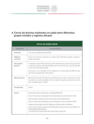 82
4. Cerrar las brechas existentes en salud entre diferentes
grupos sociales y regiones del país
FICHA DE INDICADOR
Elemento Características
Indicador Tasa de mortalidad infantil (TMI).
Objetivo
sectorial
Cerrar las brechas existentes en salud entre diferentes grupos sociales y
regiones del país.
Descripción
general
El indicador mide indirectamente la efectividad de las acciones de prevención
y atención oportuna de enfermedades en los menores de un año de acuerdo
con la normatividad aplicable.
Asimismo es un indicador de los Objetivos de Desarrollo del Milenio que
permite la comparación entre países.
Observaciones Resulta de la división del número de defunciones de niños menores de un año
de edad en un año específico entre el total de nacidos vivos en ese mismo
año, multiplicado por 1,000.
Periodicidad Anual.
Fuente Numerador: Base de datos de mortalidad INEGI/SS:
http://www.sinais.salud.gob.mx/basesdedatos/std_defunciones.html
Denominador: Subsistema de Información sobre Nacimientos:
http://www.sinais.salud.gob.mx/basesdedatos/std_nacimientos.html
Análisis del indicador bajo los Objetivos de Desarrollo del Milenio:
http://www.objetivosdedesarrollodelmilenio.org.mx/cgi-win/ODM.exe/
INDODM004000100020,
24,0,000,False,False,False,False,False,False, False,0,0
 