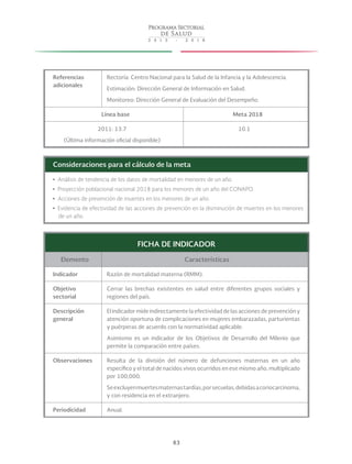 83
Referencias
adicionales
Rectoría: Centro Nacional para la Salud de la Infancia y la Adolescencia.
Estimación: Dirección General de Información en Salud.
Monitoreo: Dirección General de Evaluación del Desempeño.
Línea base Meta 2018
2011: 13.7
(Última información oficial disponible)
10.1
Consideraciones para el cálculo de la meta
yy Análisis de tendencia de los datos de mortalidad en menores de un año.
yy Proyección poblacional nacional 2018 para los menores de un año del CONAPO.
yy Acciones de prevención de muertes en los menores de un año.
yy Evidencia de efectividad de las acciones de prevención en la disminución de muertes en los menores
de un año.
FICHA DE INDICADOR
Elemento Características
Indicador Razón de mortalidad materna (RMM).
Objetivo
sectorial
Cerrar las brechas existentes en salud entre diferentes grupos sociales y
regiones del país.
Descripción
general
El indicador mide indirectamente la efectividad de las acciones de prevención y
atención oportuna de complicaciones en mujeres embarazadas, parturientas
y puérperas de acuerdo con la normatividad aplicable.
Asimismo es un indicador de los Objetivos de Desarrollo del Milenio que
permite la comparación entre países.
Observaciones Resulta de la división del número de defunciones maternas en un año
específico y el total de nacidos vivos ocurridos en ese mismo año, multiplicado
por 100,000.
Seexcluyenmuertesmaternastardías,porsecuelas,debidasacoriocarcinoma,
y con residencia en el extranjero.
Periodicidad Anual.
 
