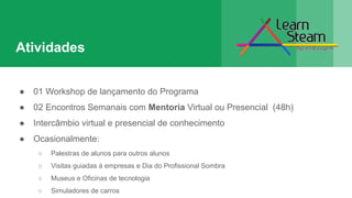 Atividades
● 01 Workshop de lançamento do Programa
● 02 Encontros Semanais com Mentoria Virtual ou Presencial (48h)
● Intercâmbio virtual e presencial de conhecimento
● Ocasionalmente:
○ Palestras de alunos para outros alunos
○ Visitas guiadas à empresas e Dia do Profissional Sombra
○ Museus e Oficinas de tecnologia
○ Simuladores de carros
 