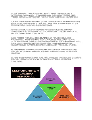 SELFORCHING TIENE COMO OBJETIVO AYUDARTE A LIBERAR TU PODER INTERIOR,
ENFOCANDOLO EN UNA VISION Y EFICACIA PERSONAL QUE POSIBILITE ENTRAR EN UN
PROCESO DE MEJORAS CONTINUAS EN TU CARÁCTER, INTELIGENCIAS Y COMPETENCIAS.
EL PUNTO DE PARTIDA DEL PROGRAMA ESTA EN TU PERSONALIDAD. INICIARAS UN CICLO DE
APRENDIZAJES PARA CIMENTAR TU CARÁCTER Y A PARTIR DE ALLI COMENZAR A VOLVER
CONSCIENTES TUS PRINCIPALES QUIEBRES INTERNOS.
AL FORTALECER TU CARÁCTER, LIBERAS EL POTENCIAL DE TUS INTELIGENCIAS Y
DESARROLLAS TU PODER INTERIOR, TRAZAS HORIZONTES EN LA RECONSTRUCCION DEL
BIEN SER, PARA ALCANZAR EL BIEN HACER.
EN ESE PROCESO TE GRADUAS COMO SELFORCH©, UN FORMADOR DEL CAMBIO
INTRAPERSONAL. INICIAS UN CAMINO HACIA EL ANALISIS DE PROBLEMAS Y TOMA DE
DECISIONES PERSONALES EFICACES, USANDO HERRAMIENTAS SENCILLAS PERO EFECTIVAS,
QUE SE HAN ESTADO UTILIZANDO EN LOS CAMPOS DE LA INGENIERIA INDUSTRIAL,
ADMINISTRACION DE EMPRESAS, CIENCIAS DE LA EDUCACION Y PSICOLOGIA APLICADA.
SELFORCHING© ES UN COMPROMISO CON LA MEJORA CONTINUA, A PARTIR DEL CAMBIO
PERSONAL. EN ESE PROCESO AYUDAS A QUIENES SE ENCUENTRAN EN TU CIRCULO DE
INFLUENCIA.
SELFORCHING ES UN PROGRAMA DE AUTO AYUDA, PORQUE EL APRENDIZAJE ES UN ASUNTO
PERSONAL, UN PROCESO DE AUTOAYUDA PARA REDESCUBRIR TU IDENTIDAD Y
POSIBILIDADES

 