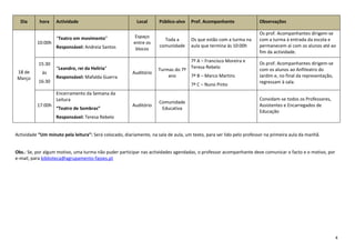Dia      hora    Actividade                             Local      Público-alvo   Prof. Acompanhante               Observações

                                                                                                                     Os prof. Acompanhantes dirigem-se
                   “Teatro em movimento”                  Espaço
                                                                       Toda a       Os que estão com a turma na      com a turma à entrada da escola e
          10:00h                                         entre os
                   Responsável: Andreia Santos                       comunidade     aula que termina às 10:00h       permanecem aí com os alunos até ao
                                                          blocos
                                                                                                                     fim da actividade.
                                                                                    7º A – Francisco Moreira e
           15:30                                                                                                     Os prof. Acompanhantes dirigem-se
                   “Leandro, rei da Helíria”                                        Teresa Rebelo
                                                                     Turmas do 7º                                    com os alunos ao Anfiteatro do
18 de        às                                         Auditório
                   Responsável: Mafalda Guerra                           ano        7º B – Marco Martins             Jardim e, no final da representação,
Março
           16:30                                                                                                     regressam à sala.
                                                                                    7º C – Nuno Pinto
                   Encerramento da Semana da
                   Leitura                                                                                           Convidam-se todos os Professores,
                                                                     Comunidade
          17:00h                                        Auditório                                                    Assistentes e Encarregados de
                   “Teatro de Sombras”                                Educativa
                                                                                                                     Educação
                   Responsável: Teresa Rebelo


Actividade “Um minuto pela leitura”: Será colocado, diariamente, na sala de aula, um texto, para ser lido pelo professor na primeira aula da manhã.


Obs.: Se, por algum motivo, uma turma não puder participar nas actividades agendadas, o professor acompanhante deve comunicar o facto e o motivo, por
e-mail, para biblioteca@agrupamento-fajoes.pt




                                                                                                                                                            4
 