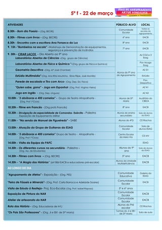 ATIVIDADES PÚBLICO-ALVO LOCAL
8.30h - Bom dia Poesia - (Org. BECRE)
Comunidade
Escolar
Todas as
escolas do
agrupamento
8.30h - Filmes com livros - (Org. BECRE) 6º ano EACB
8.30h - Encontro com a escritora Ana Fonseca da Luz 8º ano EACB
9. 15h -"Bombeiros na escola" -Workshops de Demonstração de equipamentos,
segurança e prevenção de incêndios
7º ano EACB
9. 30h - CRIAR LAÇOS - Dia Aberto ao 9º ano
Laboratórios Abertos de Ciências -(Org. grupo de Ciências)
Alunos do 9º ano
do Agrupamento
Az CG2 e 3
Esag
Laboratórios Abertos de Física e Química "-(Org. grupo de Física e Química)
Pav Musgo
Esag
Geometria Descritiva -(Org. Mª José Chambel) AZ D1
Estúdio Multimédia"-(Org. Ana Rita Moutinho, Sílvia Filipe, José Montês) Estúdio
Parede de escalada e Tiro com Arco- (Org. Dep. Ed. Física)
Pav.
Desportivo
"Quien sabe, gana" - Jogo em Espanhol- (Org. Prof. Virgínia Vieira) AZ N1
Jogo em Inglês - (Org. Dep. Línguas) AZ N2
10.00h - "3 abóboras e 400 camelos" - Grupo de Teatro Atrapalharte -
(Org. Prof 1ºCiclo)
Alunos de Stª
Maria
Auditório do
CBEZA
10.20h - Filme em Francês - (Org profs Francês) 8º ano EACB
10.30h - Divulgação da especialidade de Comandos- Exército - Palestra
Exposição de Equipamento Militar
Alunos do ensino
secundário
Sala de alunos
da ESAG
11.00h - “Na senda de Manuel de Figueiredo" - SABE Alunos do 4ºG CE Riachos
13.00h - Atuação do Grupo de Guitarras da ESAG
Comunidade
Escolar
Sala de
alunos ESAG
14.00h - "3 abóboras e 400 camelos" Grupo de Teatro - Atrapalharte -
(Org. Prof 1ºCiclo)
Centro Escolar
da Meia Via
CE MV
14.00h - Visita da Equipa do PAFC ESAG
14.30h - Os diferentes cursos no secundário - Palestra -
(Org. Ass. de Estudantes)
Alunos do 9º
ano
Sala de alunos
da ESAG
14.30h - Filmes com livros – (Org. BECRE) 5º ano EACB
14.30h - “A Magia das Histórias” (art Bibl EACB e educadores pré-escolar)
Alunos da Unidade
Multideficiência
EACB
AAOO LLOONNGGOO DDOO DDIIAA
"Agrupamento de Afetos" - Exposição - (Org. PES)
Comunidade
Educativa
Galeria da
ESAG
"Feira de Fósseis e Minerais"- (Org. Prof. Carla Barroca e Adelaide Soares)
Comunidade
Escolar
EACB
Visita de Estudo à Resitejo- Proj. Eco-Escolas (Org. Prof. Isabel Raposo) 5º e 6º anos
Exposição de Pintura do NAR
Comunidade
Escolar
EACB
Atelier de artesanato do NAR
Comunidade
Escolar
EACB
Rota das História - (Org. Educadoras de Inf.)
Alunos do Pré
escolar
CE Riachos
"Os Pais São Professores" - (Org. JI e EB1 de Stª Maria)
Turmas do JI e EB1
de Stª Maria
Sala de aula
5ª f - 22 de março
 