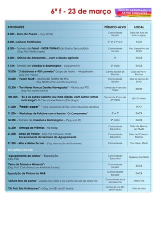 AATTIIVVIIDDAADDEESS PPÚÚBBLLIICCOO--AALLVVOO LLOOCCAALL
8.30h - Bom dia Poesia - (Org. BECRE)
Comunidade
Escolar
Salas de Aula de
todo o agrup.
8.30h -Leituras Partilhadas 5º, 6º e 9º ano EACB
8.30h - Torneio de Futsal - INTER-TURMAS do Ensino Secundário.
(Org. Prof. Pedro Lopes)
Comunidade
Escolar
Pav. Desportivo da
ESAG
8.30h - Oficina de Artesanato …com o Museu agrícola 5º EACB
9.15h - Torneio de Voleibol e Badmington – (Org profs EF) 3º ciclo EACB
10.00h - "3 abóboras e 400 camelos" Grupo de Teatro - Atrapalharte -
(Org. Prof 1ºCiclo)
Centro Escolar de
Riachos
Casa do Povo -
Riachos
10.00h - "FLASH MOB"- Alunos de Teatro do 8ºC
(Org. BECRE e Prof. Ana Rita Moutinho)
Comunidade
Escolar
Sala de alunos da
ESAG
10.30h - "Por Mares Nunca Dantes Navegados" - Alunos do 9ºD
(Org. Prof. Sandra Santos)
Turmas do 9º ano da
ESAG
BECRE
10h 30h - "Eu e os outros: sozinho vou mais rápido, com outros vamos
mais longe"- Dr.ª Ana Isabel Peixoto (Psicóloga)
Turmas do 4º ano de
Stª Maria
EB1 Stª Maria
11.00h - "Peddy paper" - (Org. Associação de Pais e Enc. Educação da ESAG) ESAG
11.00h - Workshop de Folclore com o Rancho “Os Camponeses” 5º e 7º EACB
14.30h - Torneio de Voleibol e Badmington – (Org profs EF) 2º ciclo EACB
16.30h - Entrega de Prémios - na esag
Comunidade
Educativa
Sala de Alunos
da ESAG
21.00h - Sarau de Poesia - (Org. Prof. Português- EACB)
Encerramento da Semana do Agrupamento
Comunidade
Educativa
Solar de Stª Maria -
Riachos
21.30h - Miss e Mister Escola - (Org. Associação de Estudantes) Comunidade Pav. Desp. ESAG
AAOO LLOONNGGOO DDOO DDIIAA
"Agrupamento de Afetos" - Exposição
(Org. PES)
Comunidade
Educativa
Galeria da ESAG
"Feira de Fósseis e Minerais"-
(Org. Prof. Carla Barroca e Adelaide Soares)
Comunidade
Escolar
EACB
Exposição de Pintura do NAR
Comunidade
Escolar
EACB
"Leitura fora de portas" - poesia nos cafés e no Centro de Dia de Meia Via
Comunidade local
da Meia Via
Meia Via
"Os Pais São Professores" - (Org. JI e EB1 de Stª Maria)
Turmas do JI e EB1
de Stª Maria
Sala de aula
6ª f - 23 de março
 
