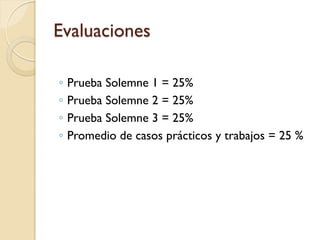 Evaluaciones

◦   Prueba Solemne 1 = 25%
◦   Prueba Solemne 2 = 25%
◦   Prueba Solemne 3 = 25%
◦   Promedio de casos prácticos y trabajos = 25 %
 