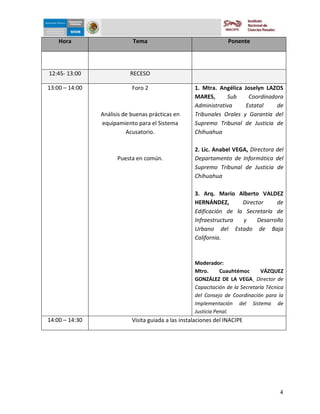 5-dic-09


    Hora                    Tema                                   Ponente




12:45- 13:00               RECESO

13:00 – 14:00               Foro 2                   1. Mtra. Angélica Joselyn LAZOS
                                                     MARES,      Sub     Coordinadora
                                                     Administrativa     Estatal    de
                Análisis de buenas prácticas en      Tribunales Orales y Garantía del
                equipamiento para el Sistema         Supremo Tribunal de Justicia de
                          Acusatorio.                Chihuahua

                                                     2. Lic. Anabel VEGA, Directora del
                      Puesta en común.               Departamento de Informática del
                                                     Supremo Tribunal de Justicia de
                                                     Chihuahua

                                                     3. Arq. Mario Alberto VALDEZ
                                                     HERNÁNDEZ,       Director     de
                                                     Edificación de la Secretaría de
                                                     Infraestructura  y     Desarrollo
                                                     Urbano del Estado de Baja
                                                     California.



                                                     Moderador:
                                                     Mtro.      Cuauhtémoc       VÁZQUEZ
                                                     GONZÁLEZ DE LA VEGA¸ Director de
                                                     Capacitación de la Secretaría Técnica
                                                     del Consejo de Coordinación para la
                                                     Implementación del Sistema de
                                                     Justicia Penal.
14:00 – 14:30               Visita guiada a las instalaciones del INACIPE




                                                                                        4
 