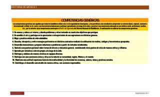 HISTORIA DE MÉXICO I




                                                                       C MPETENC G
                                                                        O       IAS ENÉR AS
                                                                                        IC
 Las competencias genéricas son aquellas que todos los bachilleres deben estar en la capacidad de des  empeñar, y les permitirán a los estudiantes comprender su entorno (local, regional, nacional o
  internacional) e influir en él, contar con herramientas básicas para continuar aprendiendo a lo largo de la vida, y practicar una convivencia adecuada en sus ámbitos social, profesional, familiar,
              etc., por lo anterior estas competencias construyen el Perfil del Egresado del Sistema Nacional de Bachillerato. A continuación se enlistan las competencias genéricas:

1. S conoce y valora a sí mismo y aborda problemas y retos teniendo en cuenta los objetivos que persigue.
    e
2. E sensible al arte y participa en la apreciación e interpretación de sus expresiones en distintos géneros.
    s
3. E y practica estilos de vida saludables.
    lige
4. Escucha, interpreta y emite mensajes pertinentes en distintos contextos mediante la utilización de medios, códigos y herramientas apropiados.
5. Desarrolla innovaciones y propone soluciones a problemas a partir de métodos establecidos.
6. Sustenta una postura personal sobre temas de interés y relevancia general, considerando otros puntos de vista de manera crítica y reflexiva.
7. Aprende por iniciativa e interés propio a lo largo de la vida.
8. Participa y colabora de manera efectiva en equipos diversos.
9. Participa con una conciencia cívica y ética en la vida de su comunidad, región, México y el mundo.
10. Mantiene una actitud respetuosa hacia la interculturalidad y la diversidad de creencias, valores, ideas y prácticas sociales.
11. Contribuye al desarrollo sustentable de manera crítica, con acciones responsables.




             10                                                                                                                                                                     DGB/DCA/02-2011
 