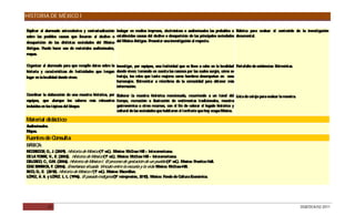HISTORIA DE MÉXICO I

Explicar al alumnado antecedentes y contextualización Indagar en medios impresos, electrónicos o audiovisuales las probables o R  úbrica para evaluar el contenido de la investigación
sobre las posibles causas que llevaron al declive o establecidas causas del declive o desaparición de las principales sociedades documental.
desaparición de las distintas sociedades del México del México Antiguo. Presentar una investigación al respecto.
Antiguo. P uede hacer uso de materiales audiovisuales,
mapas.

O rganizar al alumnado para que recopile datos sobre la Investigar, por equipos, una festividad que se lleve a cabo en la localidad Portafolio de evidencias: Entrevistas.
historia y características de festividades que tengan donde viven; tomando en cuenta las razones por las cuales surgió, cómo se
lugar en la localidad donde viven.                      festeja, los roles que tanto mujeres como hombres desempeñan en esos
                                                        homenajes. E   ntrevistar a miembros de la comunidad para obtener más
                                                        información.
C oordinar la elaboración de una muestra histórica, por Elaborar la muestra histórica mencionada, recurriendo a un túnel del Lista de cotejo para evaluar la muestra.
equipos, que abarque los saberes más relevantes tiempo, recreación o ilustración de vestimentas tradicionales, muestra
incluidos en los tópicos del bloque.                    gastronómica u otros recursos, con el fin de valorar el legado histórico y
                                                        cultural de las sociedades que habitaron el territorio que hoy ocupa México.

Material didáctico
Audiovisuales.
Mapas.
Fuentes de Consulta
B IC
 ÁS A:
MC R G R G J (2009). Historia de México (1ª ed.). México: McG Hill – Interamericana.
   G E O , ., .                                                 raw
D LA TO R , V., E (2002). Historia de México (1ª ed.). México: McG Hill – Interamericana.
 E       RE      .                                                 raw
D LG O C G (2006). Historia de México I. El proceso de gestación de un pueblo (4ª ed.). México: P
 E AD , ., .M.                                                                                         rentice Hall.
D BAR IG F. (2006). Enseñanza situada: Vínculo entre la escuela y la vida. México: McG
 ÍAZ     R A,                                                                             raw-Hill.
R O D E. (2010). Historia de México I (1ª ed.). México: Macmillan.
 IC , .,
LÓ E A. A. y LÓ E L. L. (1996). El pasado indígena (5ª reimpresión, 2010). México: Fondo de C
  P Z,          P Z.                                                                         ultura Económica.




             20                                                                                                                                                              DGB/DCA/02-2011
 