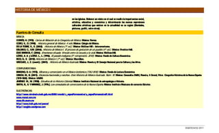 HISTORIA DE MÉXICO I

                                                         en las iglesias. Elaborar un relato en el cual se resalte la importancias social,
                                                         artística, educativa y económica y determinarán las nuevas expresiones
                                                         culturales artísticas que existen en la actualidad en su región (Bordados,
                                                         pinturas, grafiti, entre otros).
Fuentes de Consulta
B IC :
 ÁS A
C R S H. (1972). C
 O TÉ ,             artas de Relación de la Conquista de México. México: P orrúa.
C S , V., D. (1998). Historia general de México. 4 vols. México: C
 O ÍO                                                             olegio de México.
D LA TO R , V., E (2002). Historia de México (1ª ed.). México: McG Hill – Interamericana.
 E       RE       .                                                  raw
D LG O C G (2006). Historia de México I. El proceso de ges
 E AD , ., .M.                                                   tación de un pueblo (4ª ed.). México: P  rentice Hall.
D BAR IG F. (2006). Enseñanza situada: Vínculo entre la escuela y la vida. México: McG
 ÍAZ     R A,                                                                               raw-Hill.
LÓ E A. A. y LÓ E L., L. (1996). El pasado indígena (5ª reimpresión, 2010). México: Fondo de C
  P Z,           P Z.                                                                            ultura E conómica.
R O D E. (2010).Historia de México I (1ª ed.). México: Macmillan.
 IC , .,
VÁZQ Z, J Z. (coord.). (2001). Historia de México ilustrada. México: P
     UE .,                                                              laneta y E C
                                                                                  l onsejo Nacional para la Cultura y las Artes.

C OMPLEMENTAR    IA:
BR ING D. A. (1973). Mineros y comerciante en el México borbónico (1763-1810). México: Fondo de Lectura E
   AD ,                                                                                                       conómica
G C M., B. (2001). Estancias haciendas y ranchos. G Historia de México ilustrada. Núm. 10. México: C
  AR ÍA.                                            ran                                                      onaculta- INAH, Planeta, 4 Gerard, Peter. Geografía Histórica de la Nueva España
(1519-1824). México: UNAM.
J NE M., W. (1958). Estudios de la Historia C
 IMÉ Z.                                      olonial. México: Instituto Nacional de antropología e Historia.
S        ., . AMIR Z, J (1976.) Los consulados de comerciantes de la Nueva España. México: Instituto Mexicano de comercio E
  MITH, R S Y R       E .                                                                                                       xterior.

ELEC ÓNIC :
     TR       AS
http:/ / www.virreinato.inah.gob.mx:8080/ mnvski/ c_exposPermanentes/ a_exposPermanentesFr.html
www.munal.com.mx
www.iih.unam.mx
http:/ / www.inah.gob.mx/ paseos/
http:/ / seugbin.wordpress.com




             27                                                                                                                                                             DGB/DCA/02-2011
 